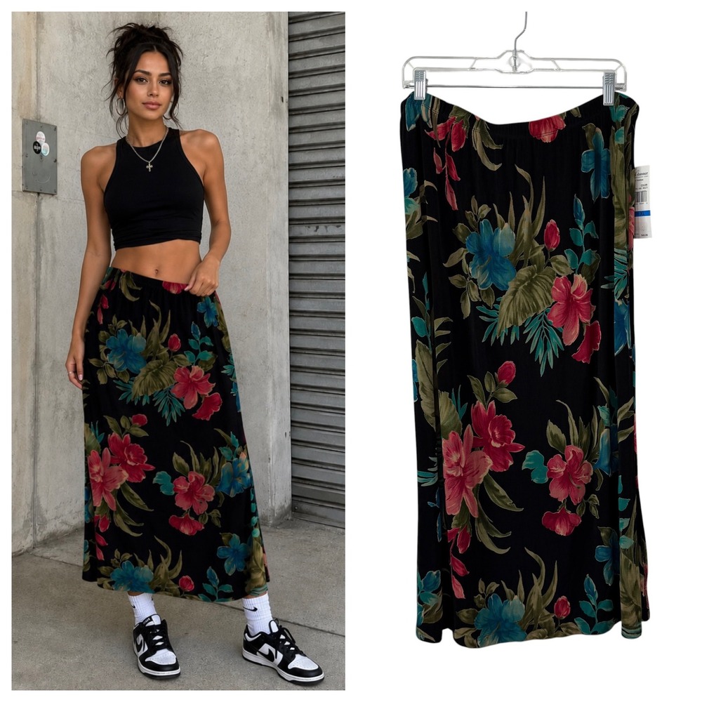 NWT Vintage Floral Stretch Boho Pull On Midi Skirt XL Side Slit Streetwear Y2K